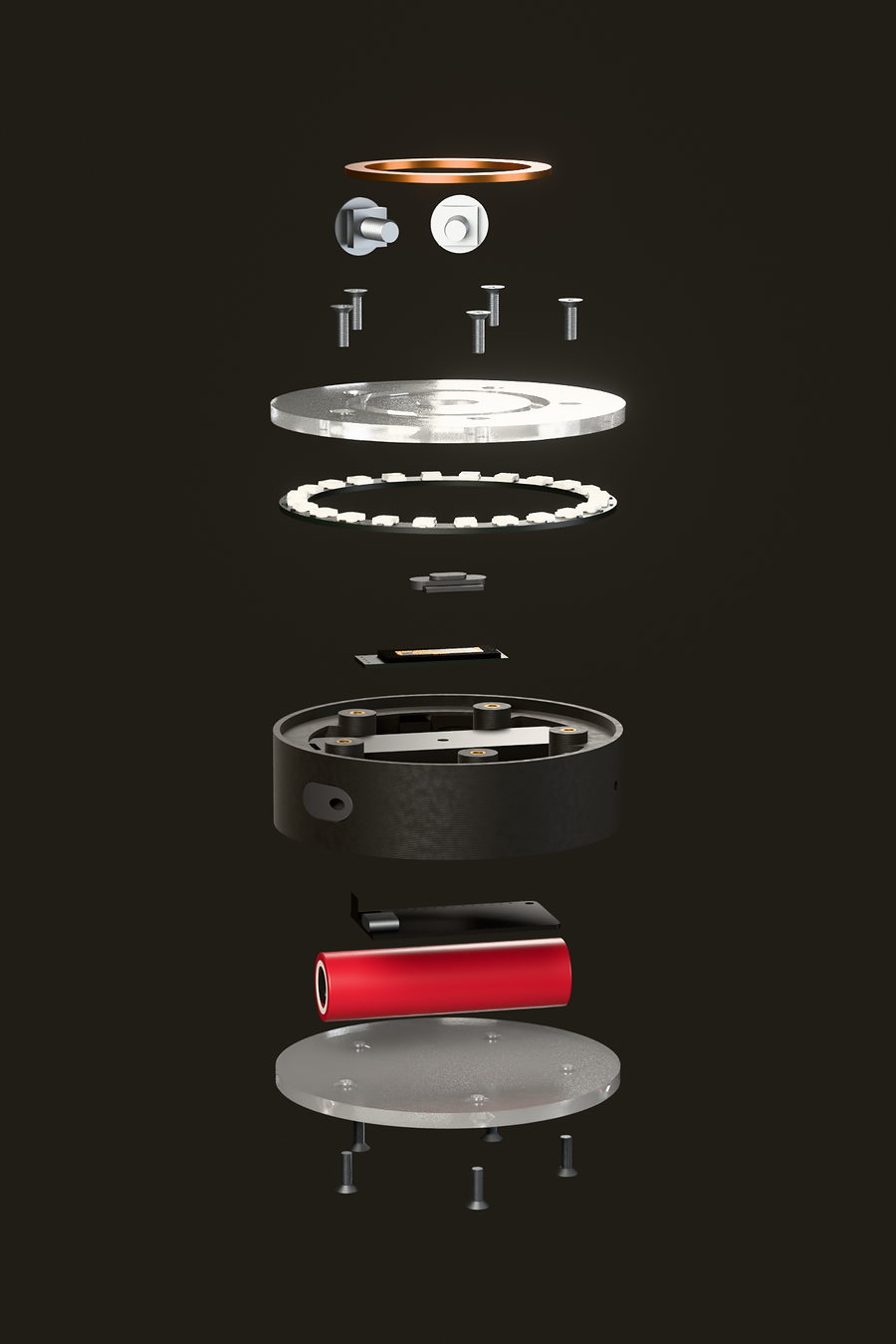 Exploded view: touch ring, acrylic lens, LED ring, display, body, controller, cell and acrylic base.